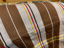 Load image into Gallery viewer, Kikoy Towel: Brown with white yellow red black tripe and bright fuchisa terry lining