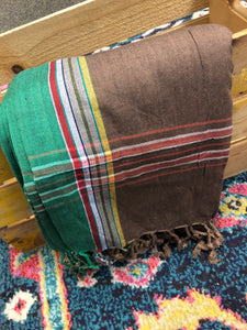 Kikoy Towel: Brown Rasta Stripe with Green edge and bright red terry lining