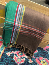 Load image into Gallery viewer, Kikoy Towel: Brown Rasta Stripe with Green edge and bright red terry lining