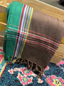 Kikoy Towel: Brown Rasta Stripe with Green edge and bright red terry lining