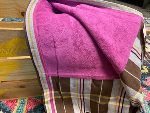 Kikoy Towel: Brown with white yellow red black tripe and bright fuchisa terry lining