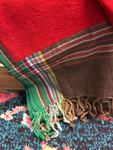 Load image into Gallery viewer, Kikoy Towel: Brown Rasta Stripe with Green edge and bright red terry lining