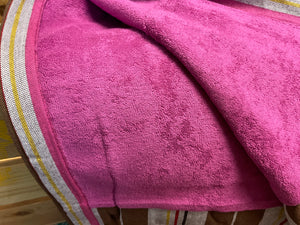 Kikoy Towel: Brown with white yellow red black tripe and bright fuchisa terry lining