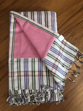 Load image into Gallery viewer, Kikoy Towel: White with Green and Purple stripes and Pink terry lining - Salt and Reverie