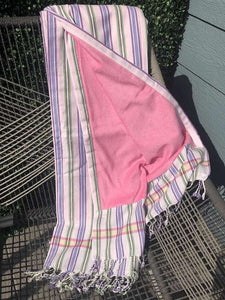 Kikoy Towel: White with Green and Purple stripes and Pink terry lining - Salt and Reverie