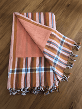 Load image into Gallery viewer, Kikoy Towel: Orange, White and Blue Stripes with Peach terry lining - Salt and Reverie