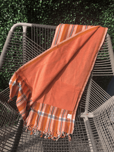 Kikoy Towel: Orange, White and Blue Stripes with Peach terry lining - Salt and Reverie