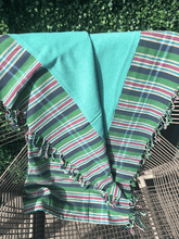 Load image into Gallery viewer, Kikoy Towel: Green/Pink/Navy stripes and Teal terry lining - Salt and Reverie