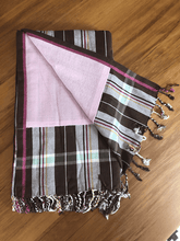 Load image into Gallery viewer, Kikoy Towel: Brown and White Stripes with Pink terry lining - Salt and Reverie