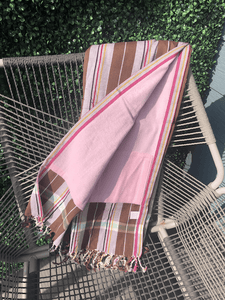 Kikoy Towel: Brown and White Stripes with Pink terry lining - Salt and Reverie